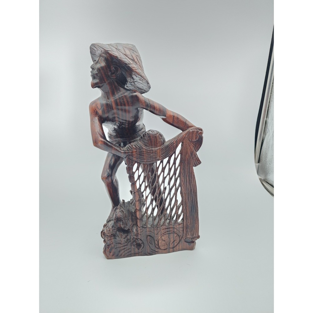 Intricate Hand Carved Ebony Wood 10" Balinese Sculpture Fisherman Hauling Net